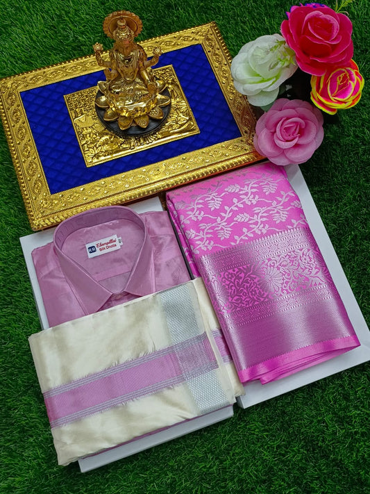 Semi Silk Couple Set – Bridal Saree & Dhoti Shirt Pair