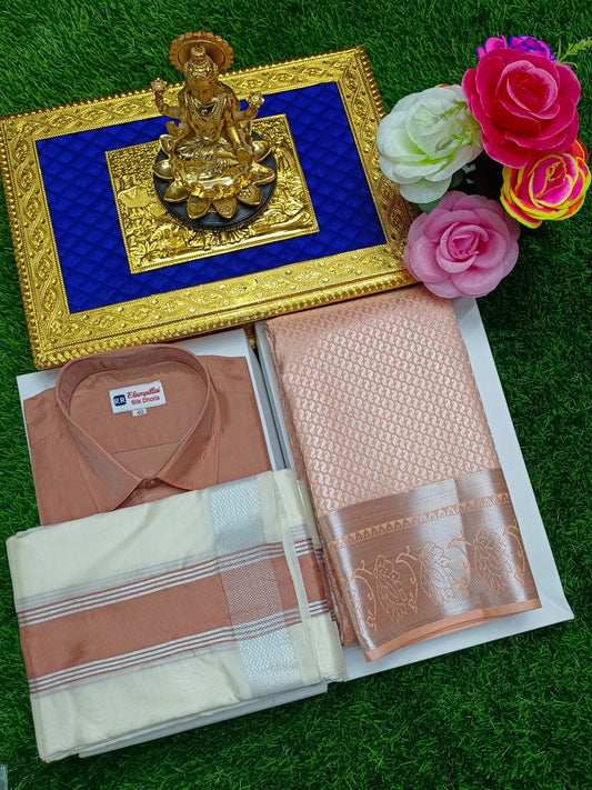 Saree & Dhoti Shirt Combo – Semi Silk, Woven Zari