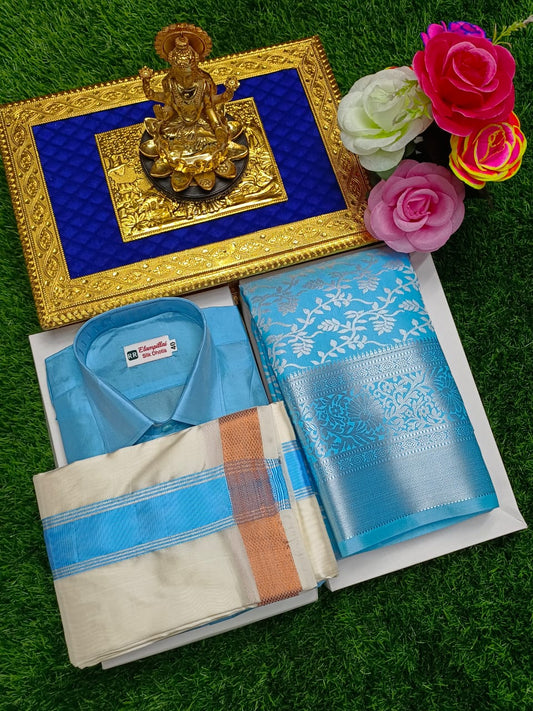Couple Combo – Semi Silk Saree with Full Sleeve Shirt & Dhoti