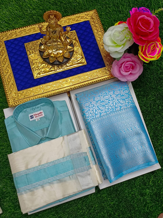 Zari Woven Saree & Semi Silk Dhoti Shirt – Couple Combo