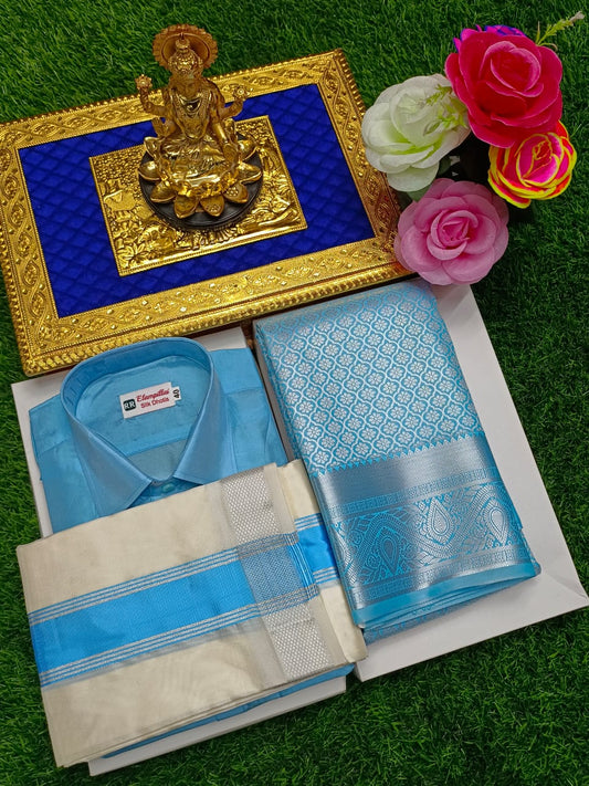 Semi Silk Couple Combo – Saree & Shirt Dhoti Set
