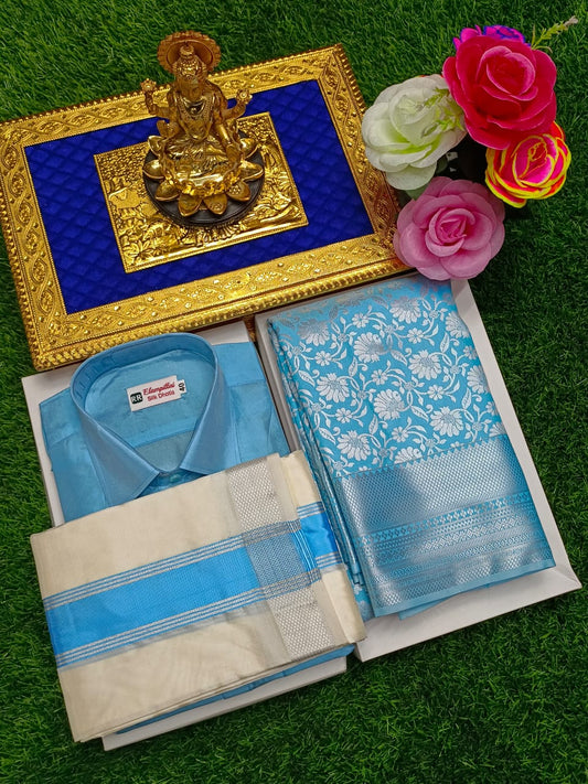 Semi Silk Wedding Combo – Saree, Shirt, and Vesti
