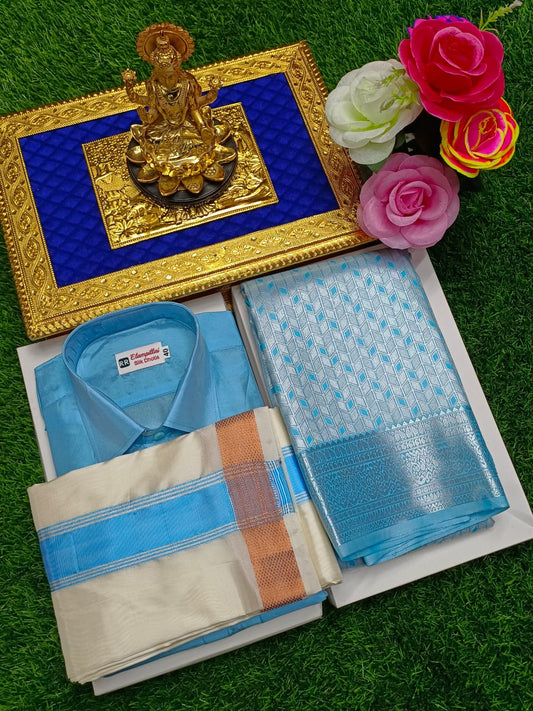 Traditional Semi Silk Combo – Saree, Shirt & Vesti