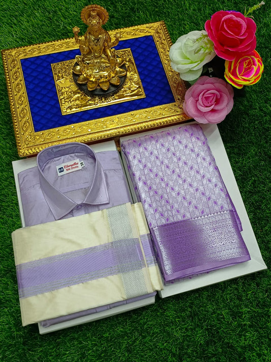 Semi Silk Couple Set – Saree with Shirt & 8 Mulam Dhoti