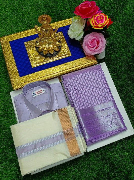 Full Sleeve Shirt, Semi Silk Dhoti & Saree Combo