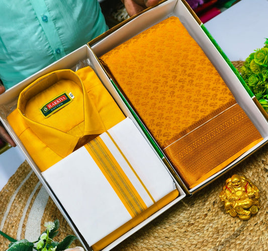 Semi Silk Saree with Cotton Blend Men’s Combo - CoupleWeaves