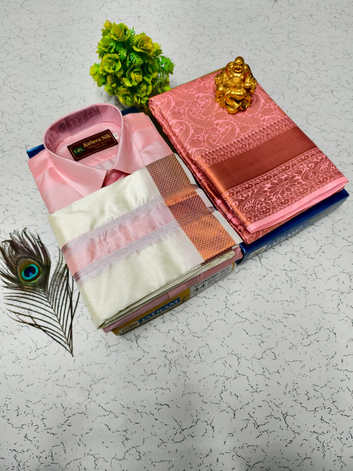 Semi Silk Wedding Combo – Saree, Shirt, and Vesti