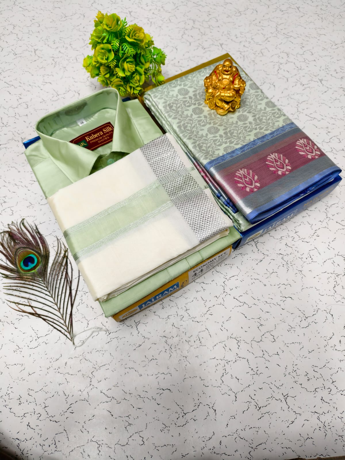 Premium Semi Silk Saree & Matching Dhoti Shirt Set