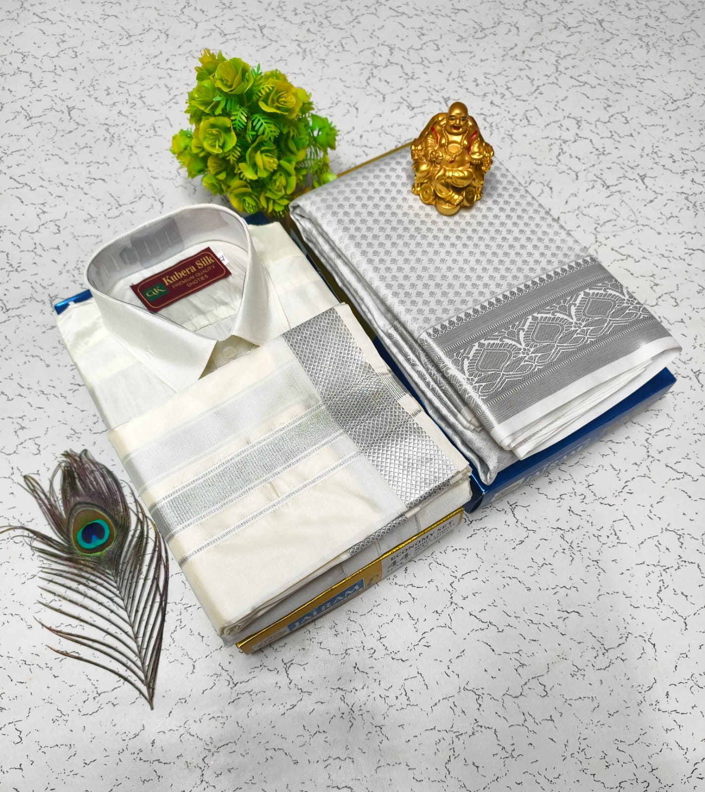Traditional Semi Silk Combo – Saree, Shirt & Vesti