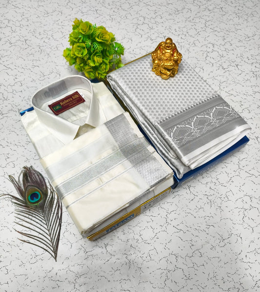 Traditional Semi Silk Combo – Saree, Shirt & Vesti