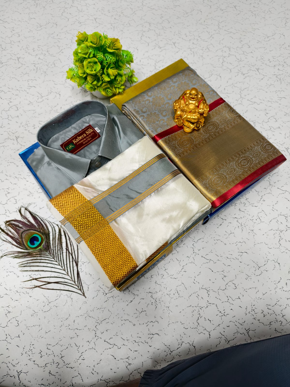 Semi Silk Saree with Shirt and Vesti – Couple Combo