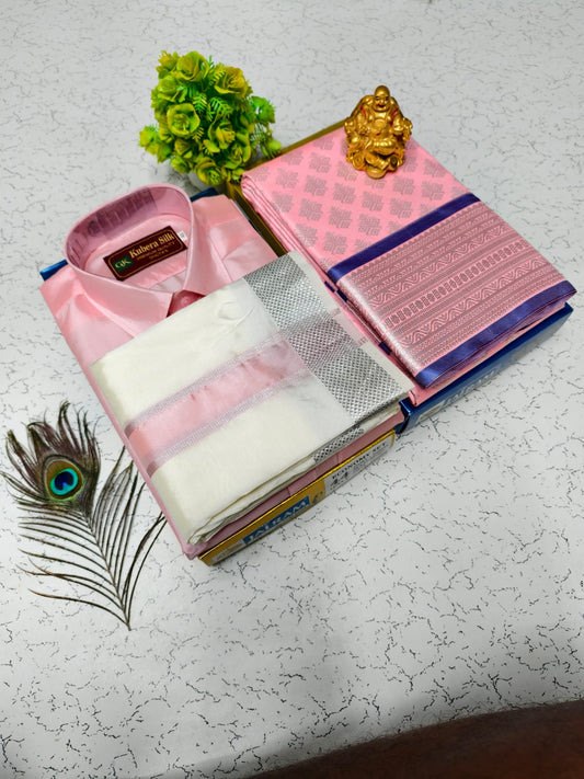 Full Sleeve Shirt, Semi Silk Dhoti & Saree Combo