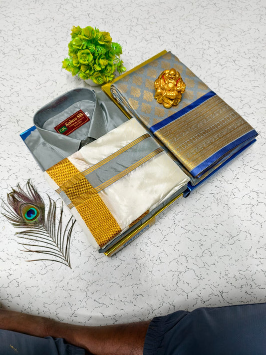 Traditional Semi Silk Saree & Double Layer Dhoti Shirt