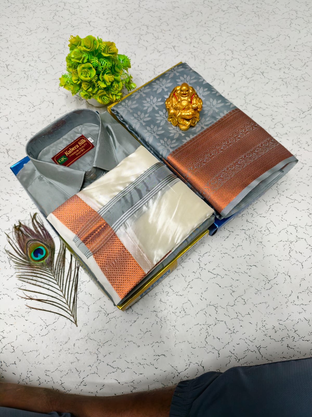 Semi Silk Couple Combo – Saree & Shirt Dhoti Set