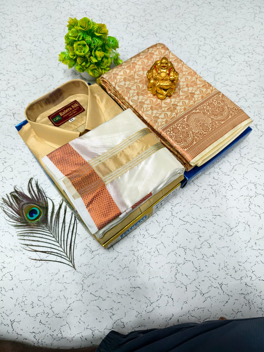 Zari Woven Saree & Semi Silk Dhoti Shirt – Couple Combo