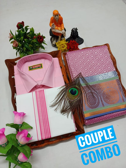 Couplewear Combo – Embossed Saree & Shirt Dhoti Set