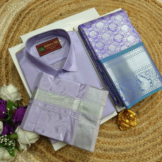 Silk Saree and Dhoti Shirt Couple Combo - CoupleWeaves
