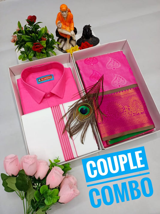 South Indian Couple Combo – Embossed Saree & Dhoti Shirt - CoupleWeaves