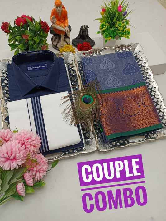 Subtle Festive Combo – Embossed Saree with Light Menswear - CoupleWeaves