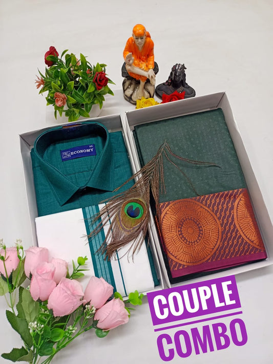 Traditional Couple Combo – Embossed Saree & Light Dhoti Set - CoupleWeaves