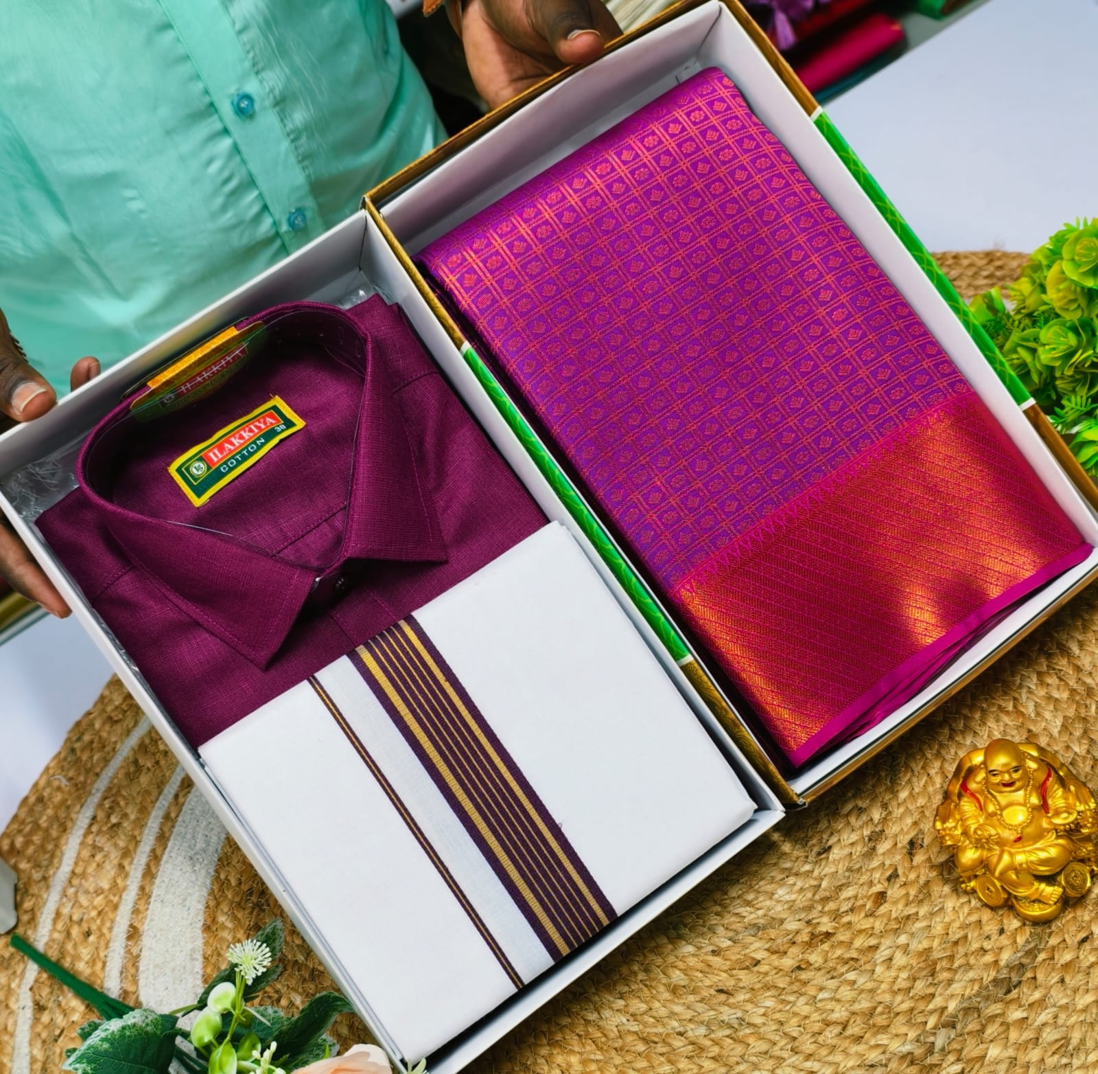 Traditional Light Combo – Saree and Dhoti Shirt - CoupleWeaves