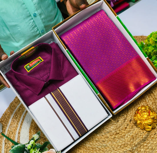 Traditional Light Combo – Saree and Dhoti Shirt - CoupleWeaves