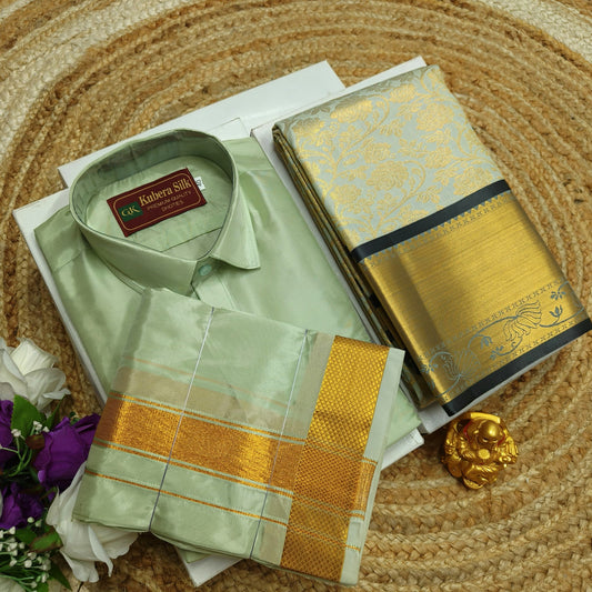 Wedding Look Couple Combo – Saree and Vesti - CoupleWeaves