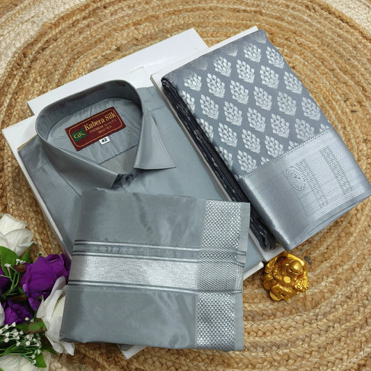 Zari Saree and Full Sleeve Shirt for Couples - CoupleWeaves